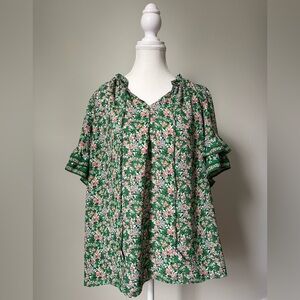 MAX STUDIO Green Floral Cottage Preppy Flowy Short Sleeve Blouse Size 1X